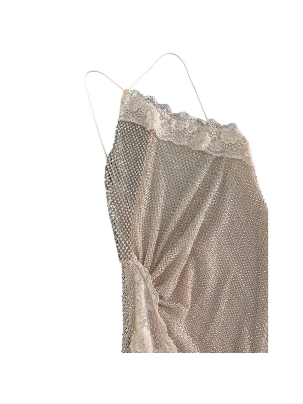 Self-Portrait Champagne Rhinestone Lace Trim Maxi Dress US 4 - Picture 6 of 9